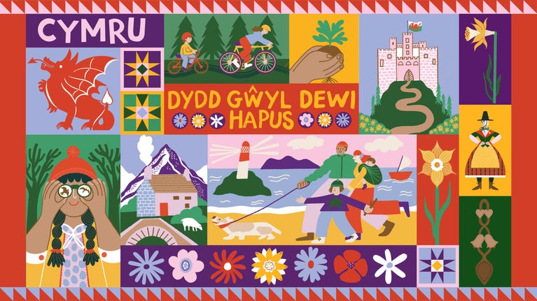 Illustrations of iconic Welsh imagery including a dragon, a castle with a Welsh flag, a traditional Welsh lady, a girl with binoculars birdwatching, a Welsh stone cottage with mountains in the background, a family walking a dog on a beach, a daffodil and traditional Welsh patterns. Text reads 'Cymru' and 'Dydd Gŵyl Dewi Happus'.